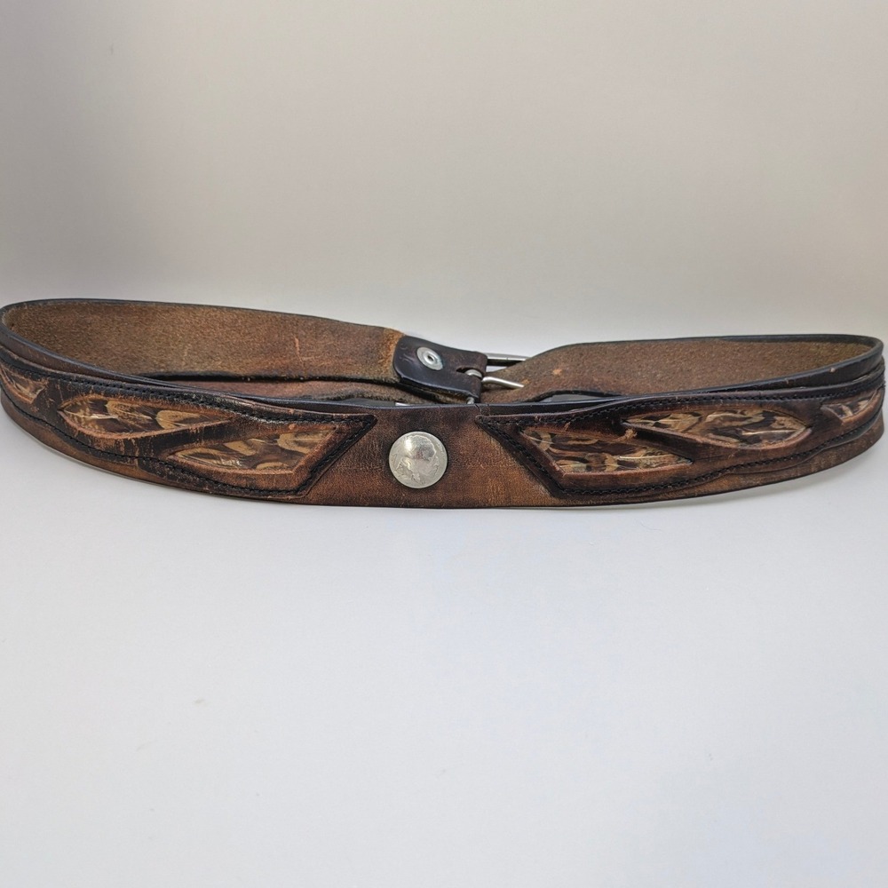 Vintage Indian Motorcycle Tooled Leather Belt Feather Buffalo Nickel Concho Sz34